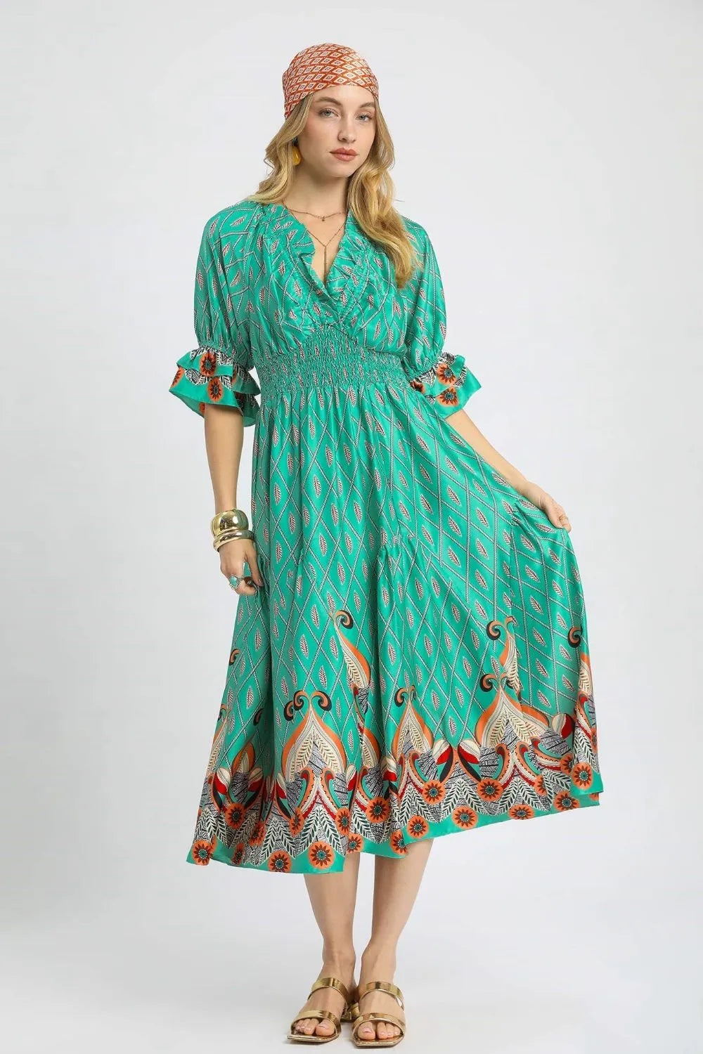 Printed Smocked Waist Flounce Sleeve Midi Dress