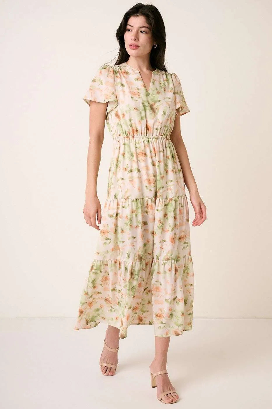Flower Print Flutter Sleeve V Slit Maxi Dress