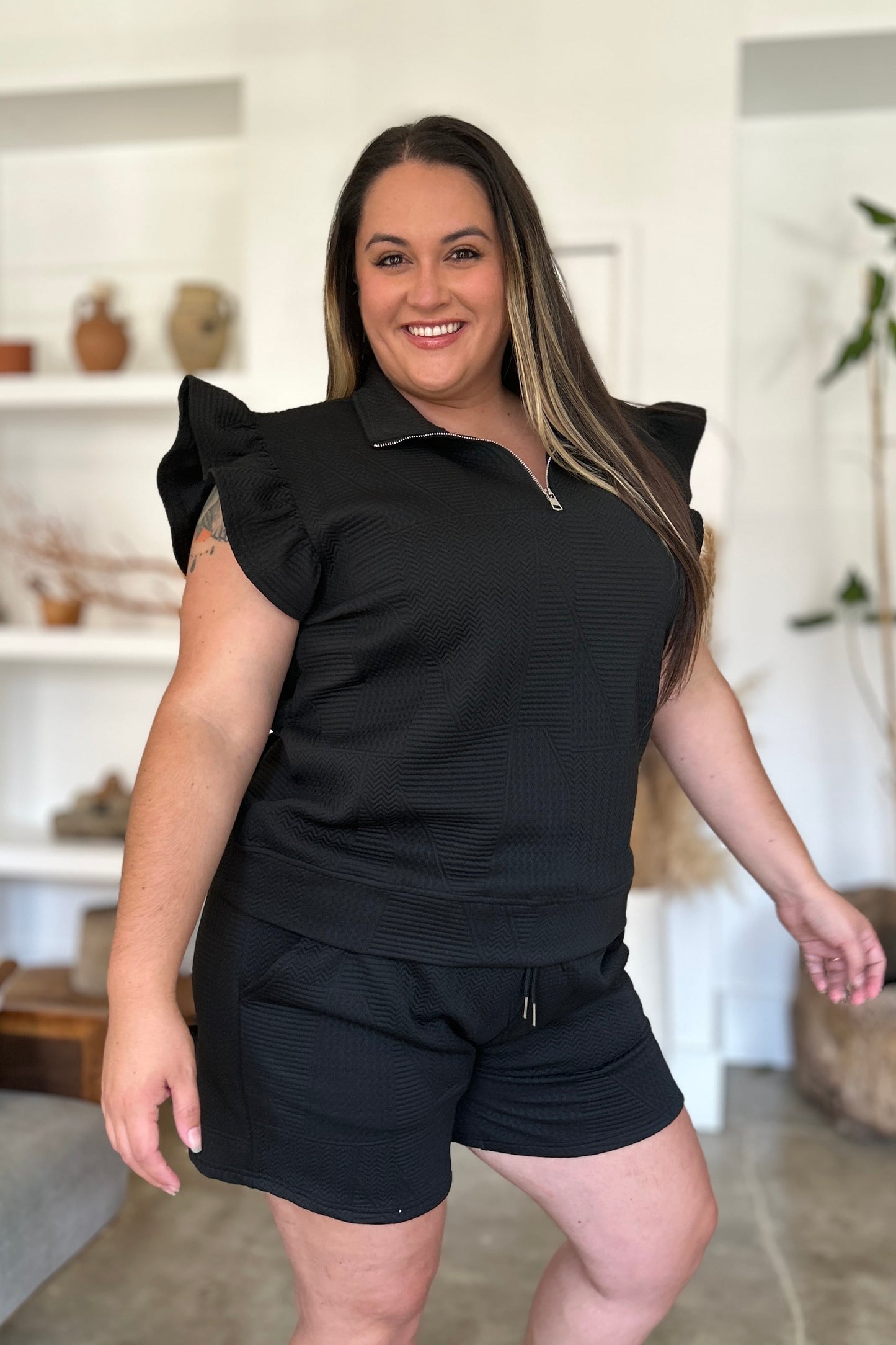 Full Size Texture Flounce Sleeve Top and Shorts Set