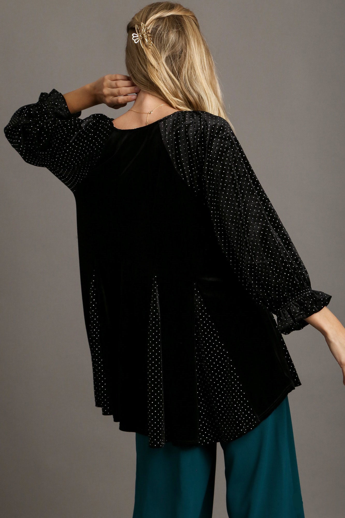 Godet Hem Polka Dot V-Neck Blouse