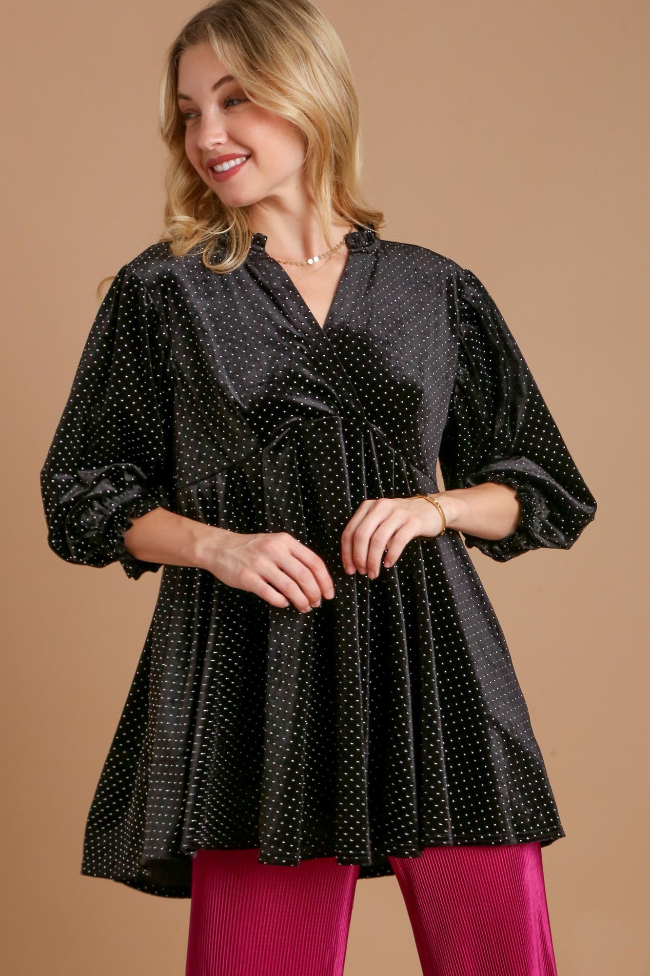 Full Size Beaded Frill Flounce Sleeve Velvet Babydoll Blouse