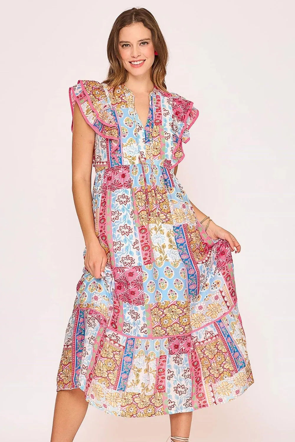 Tie Neck Double Layered Ruffle Sleeve Midi Dress Plus Size