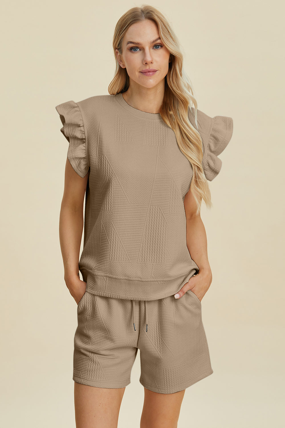 Full Size Texture Round Neck Ruffle Sleeve Top and Shorts Set