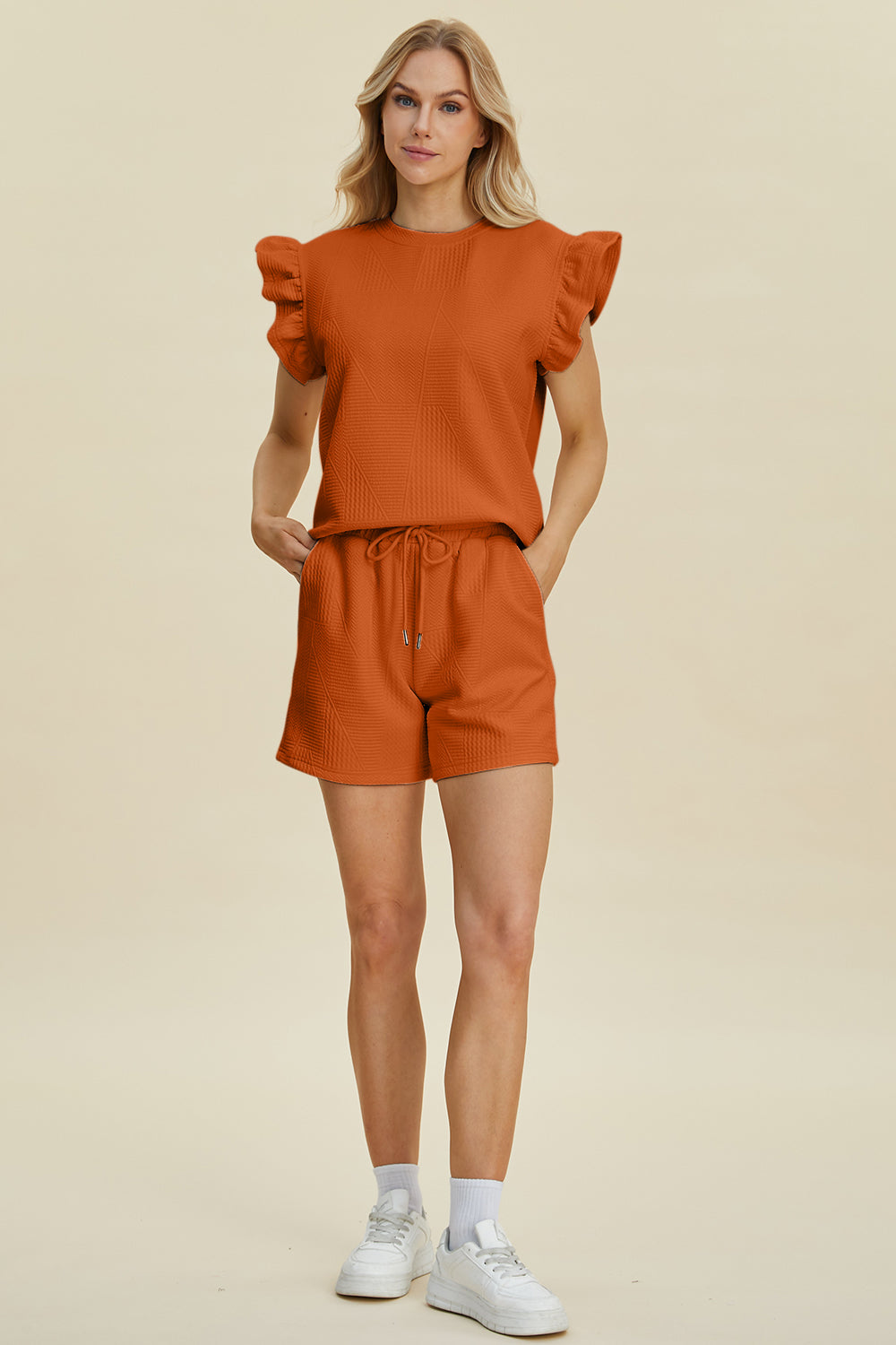 Full Size Texture Round Neck Ruffle Sleeve Top and Shorts Set