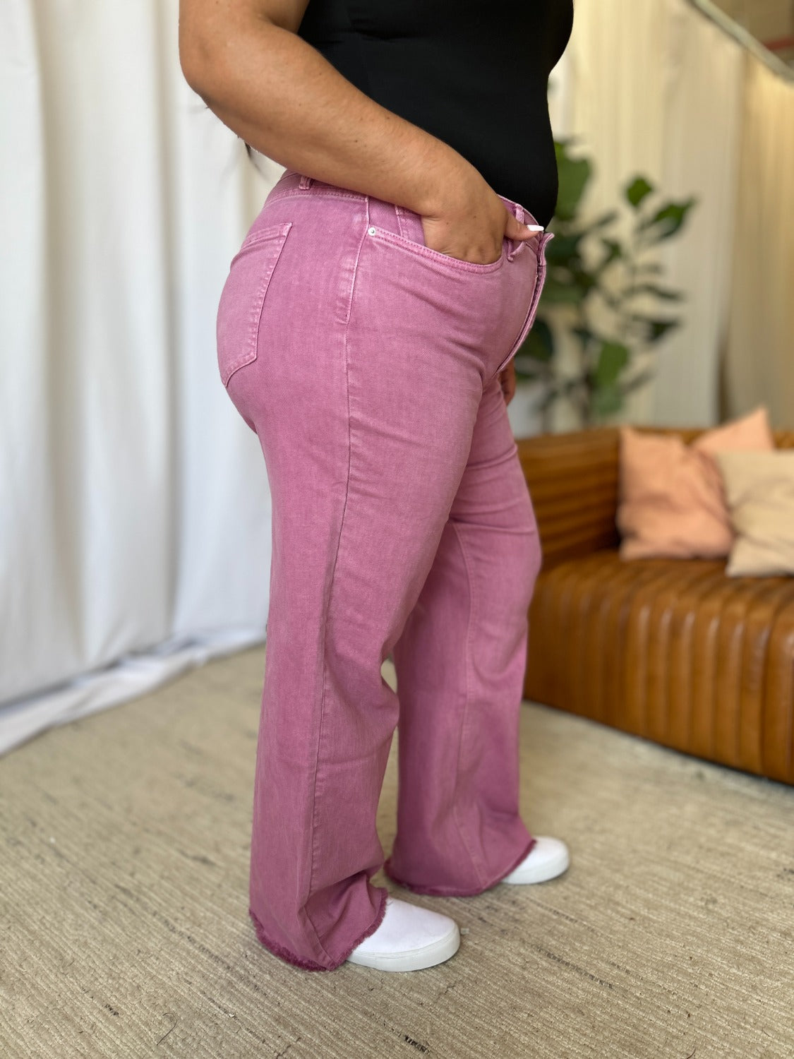 Full Size High Rise Garment Dye Wide Leg Jeans