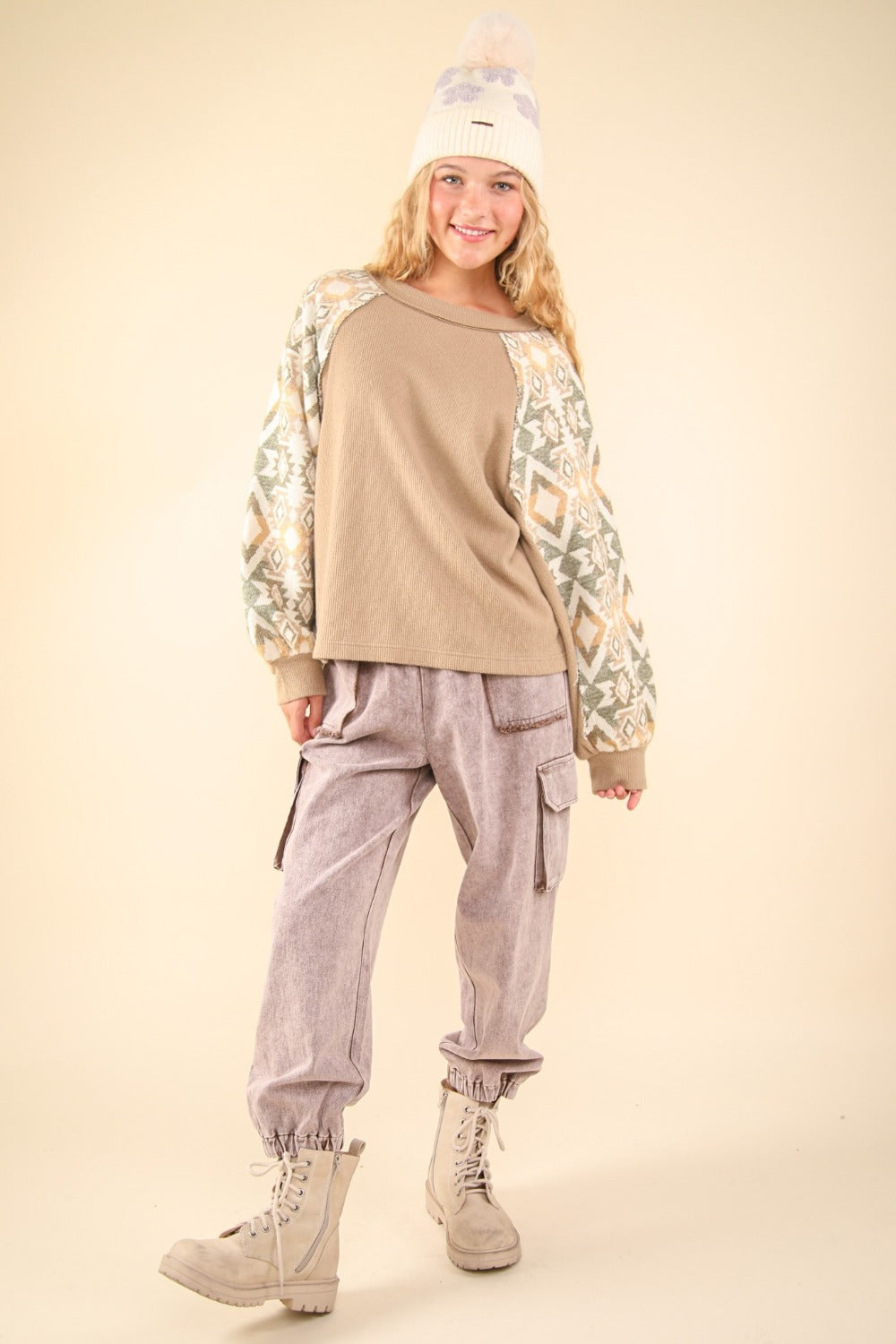 Printed Long Sleeve Round Neck Knit Top//