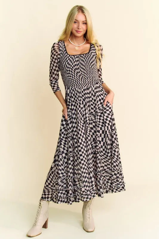 Printed Checker Mesh Flowy Maxi Dress