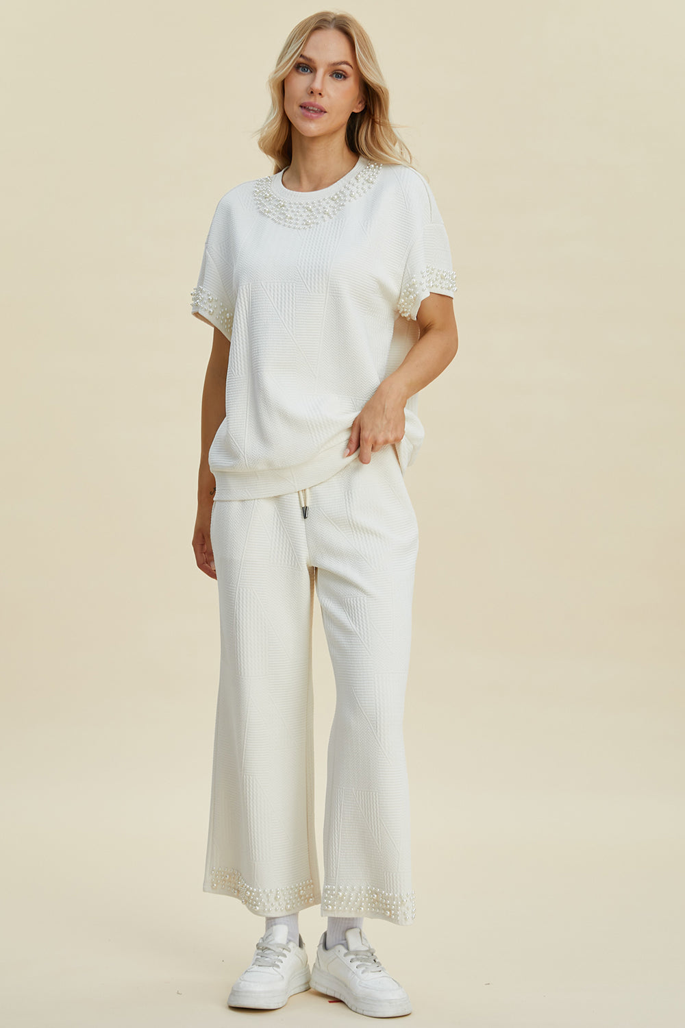 Full Size Pearl Detail Round Neck Top and Pants Set