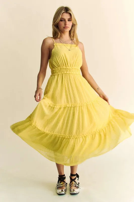 Texture Swiss Dot Ruffle Square Neck Midi Dress
