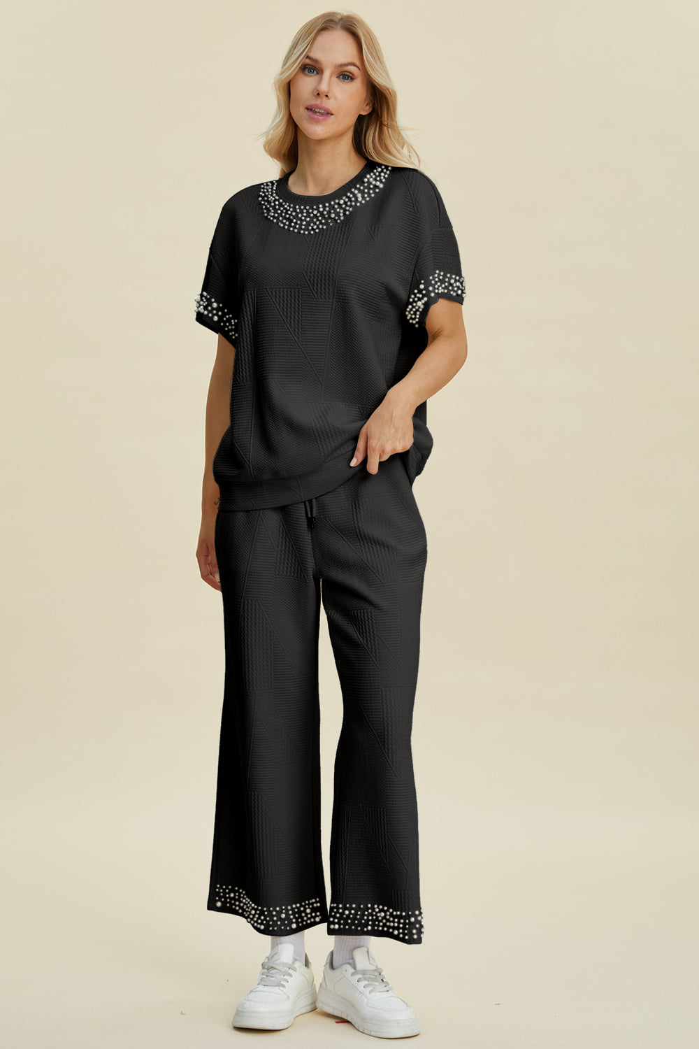 Full Size Pearl Detail Round Neck Top and Pants Set