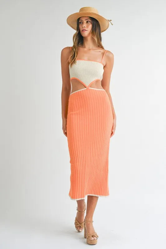 Ribbed Knit Colour Block Cut-out Midi Dress