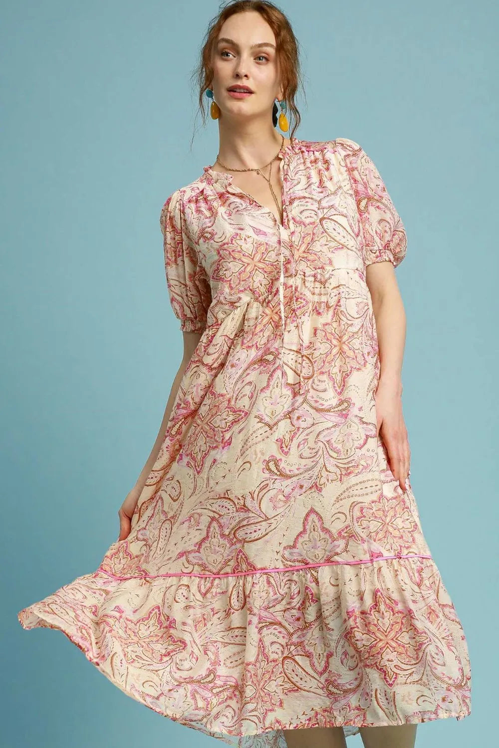 Printed Puff Short Sleeve Midi Dress Plus Size