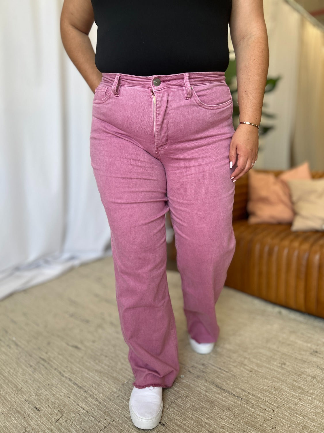 Full Size High Rise Garment Dye Wide Leg Jeans
