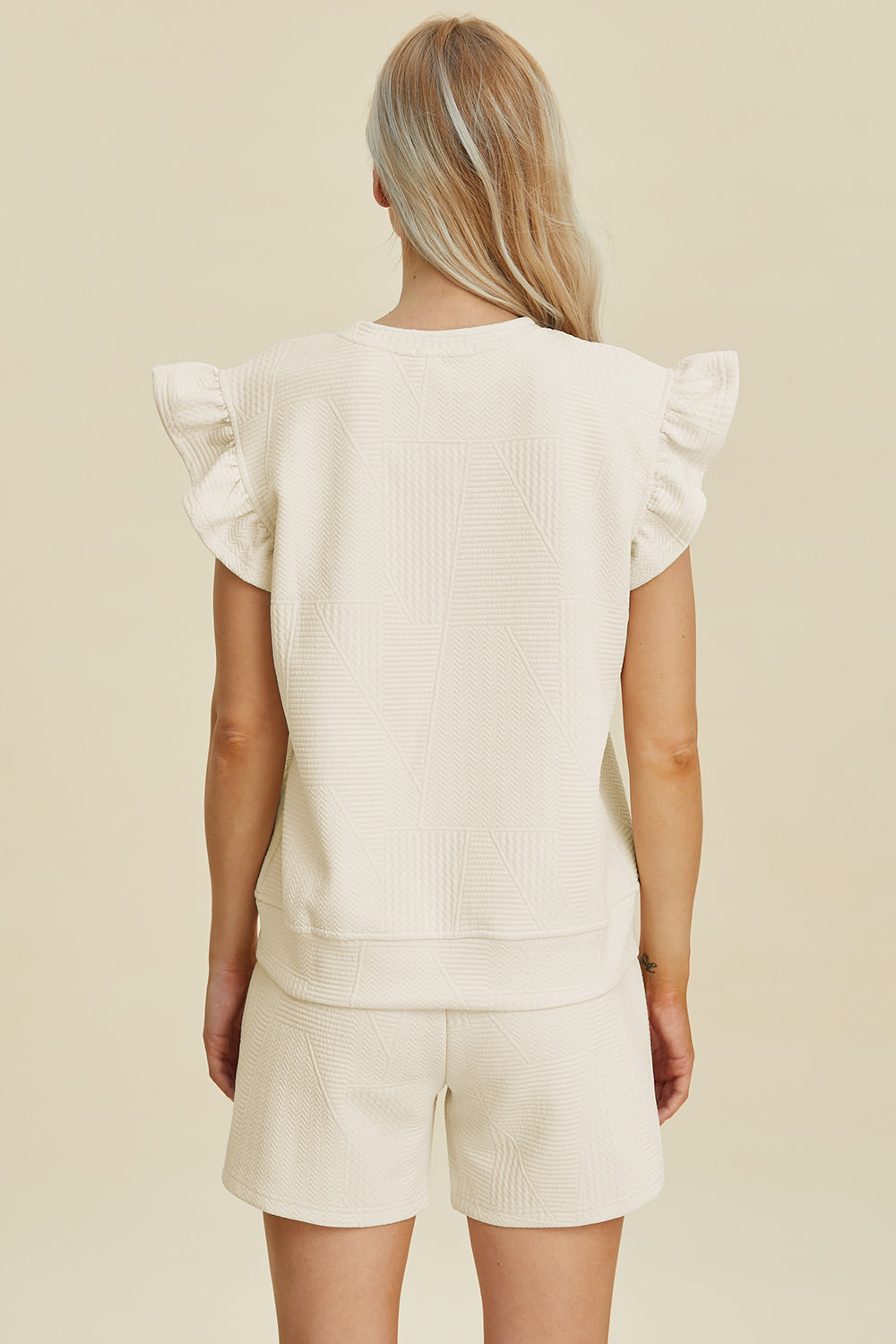 Full Size Texture Round Neck Ruffle Sleeve Top and Shorts Set