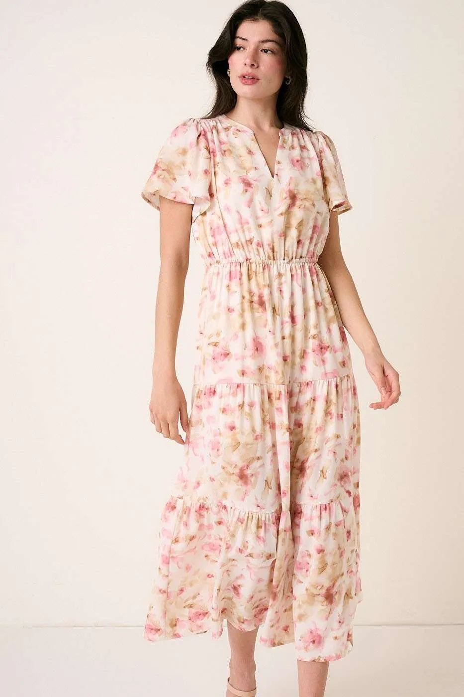 Flower Print Flutter Sleeve V Slit Maxi Dress