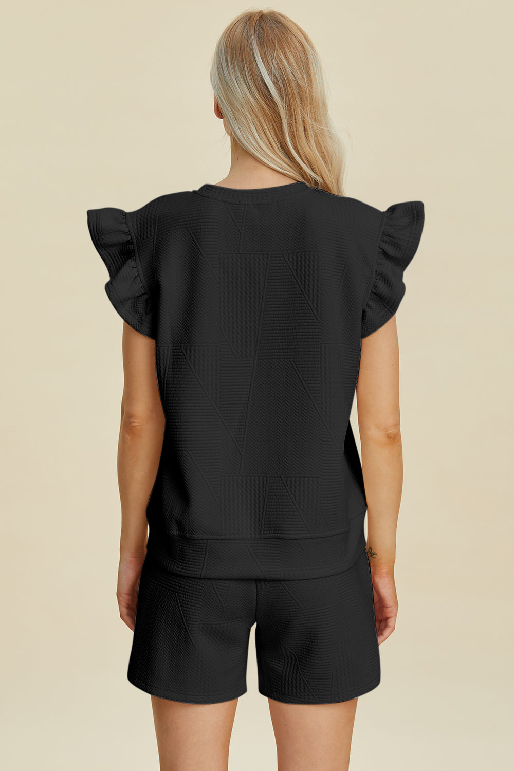 Full Size Texture Round Neck Ruffle Sleeve Top and Shorts Set