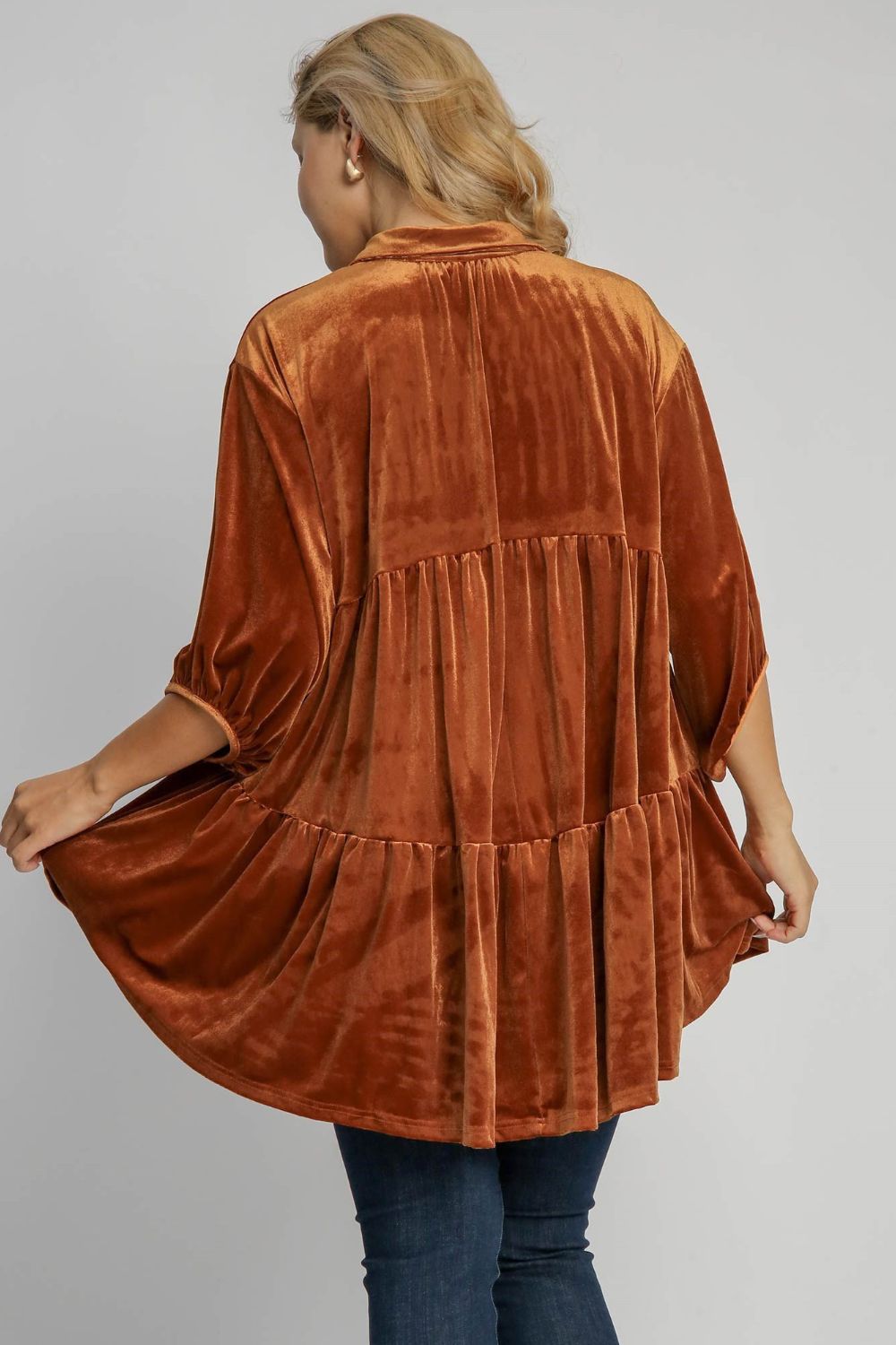 Button Down Tiered Back High Low Shirt