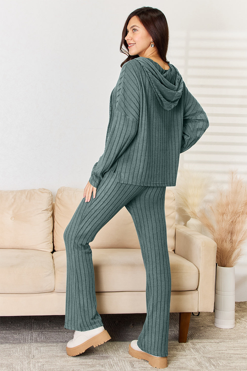 Full Size Ribbed Drawstring Hooded Top and Straight Pants Set