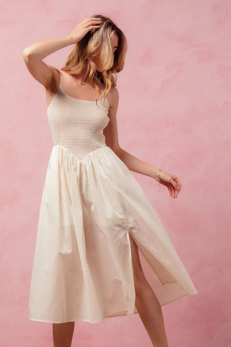 Smocked Sleeveless Casual Everyday Dress With Slit