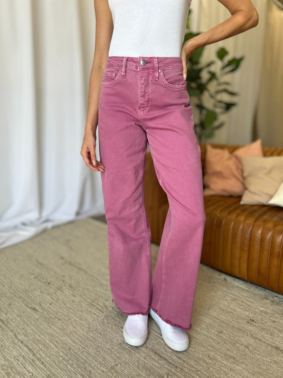 Full Size High Rise Garment Dye Wide Leg Jeans