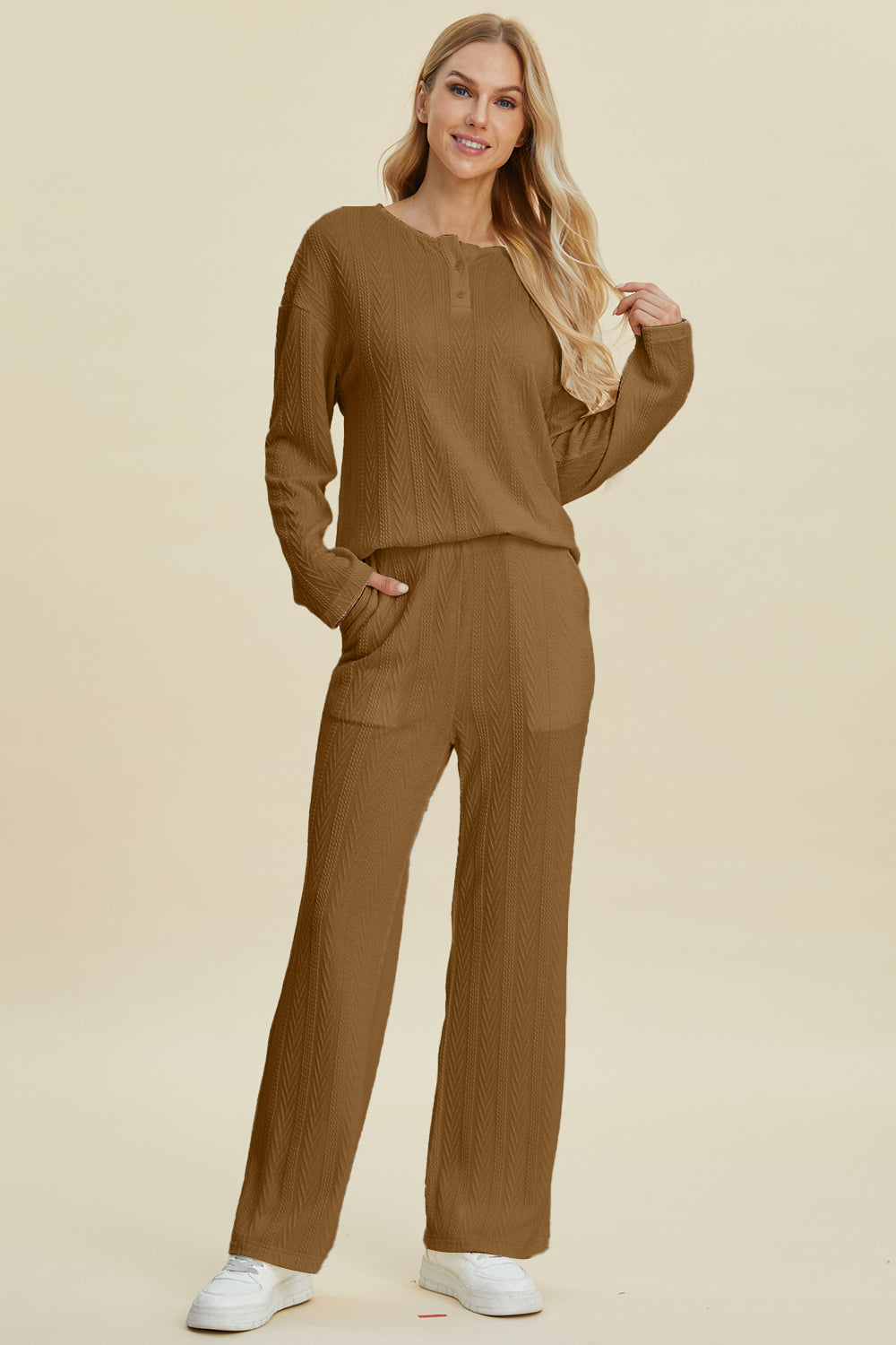 Full Size Cable-Knit Long Sleeve Top and Pants Set