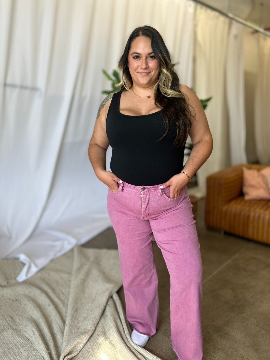 Full Size High Rise Garment Dye Wide Leg Jeans