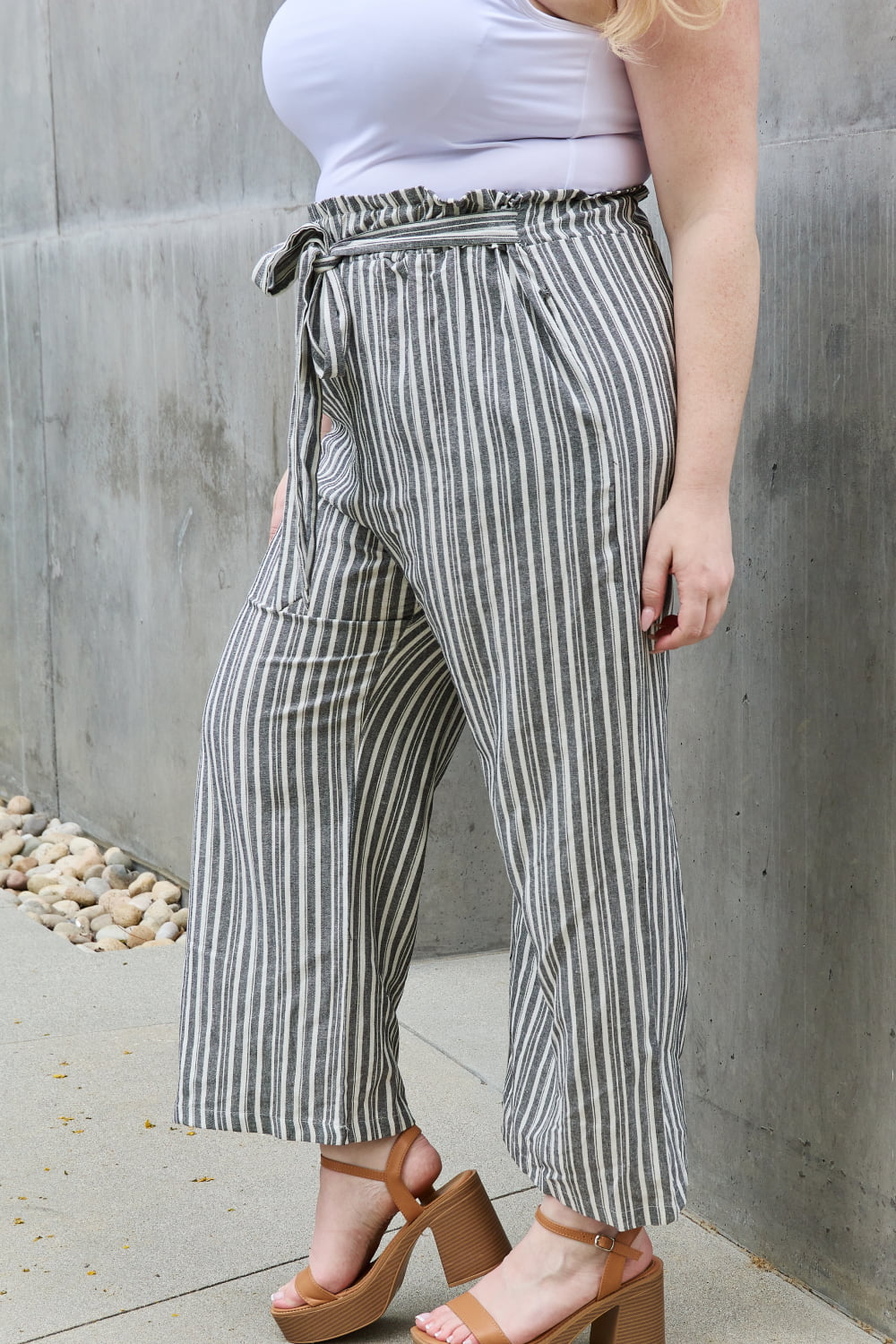Full Size Paper bag Waist Striped Culotte Pants