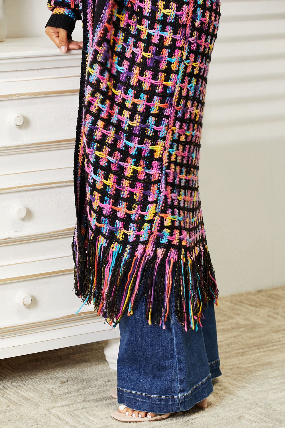 Multi-coloured Open Front Fringe Hem Cardigan