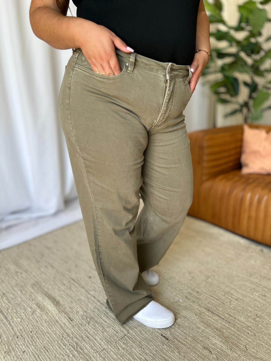 Full Size High Rise Garment Dye Wide Leg Jeans