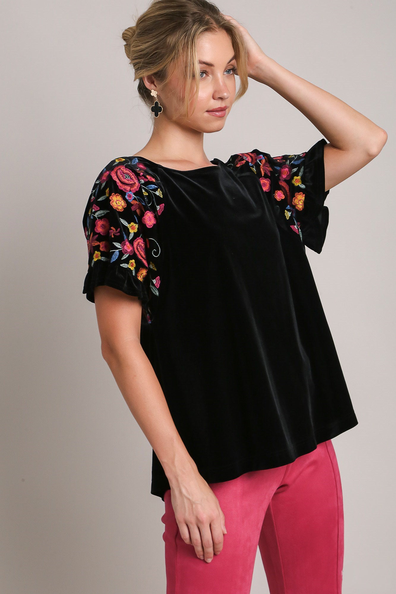 Full Size Velvet Embroidery Short Sleeve Blouse