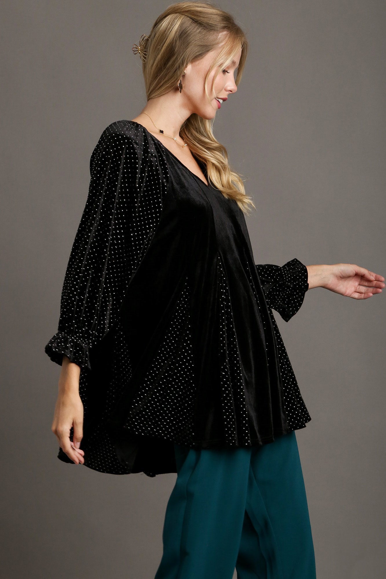 Godet Hem Polka Dot V-Neck Blouse