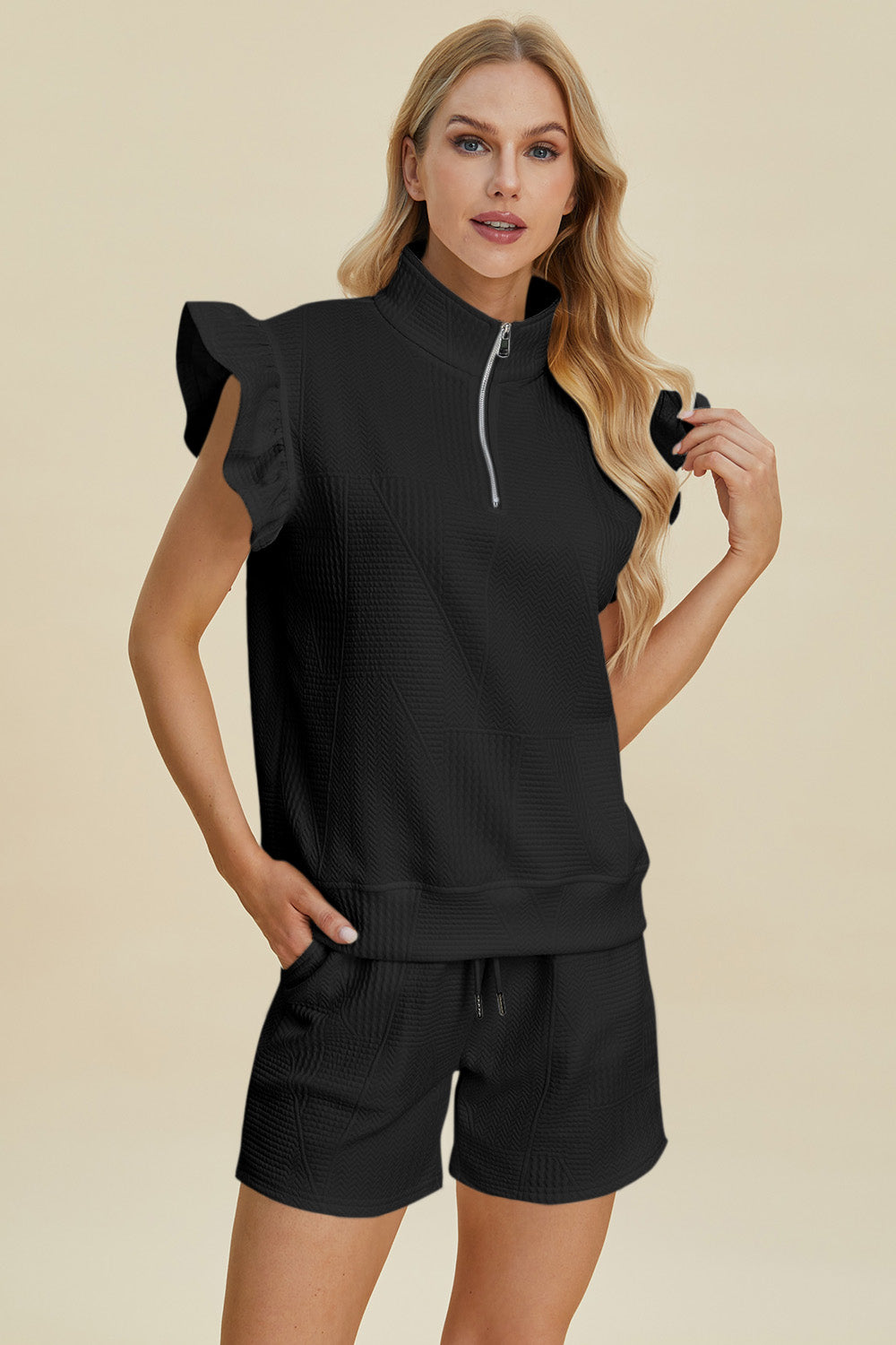 Full Size Texture Flounce Sleeve Top and Shorts Set