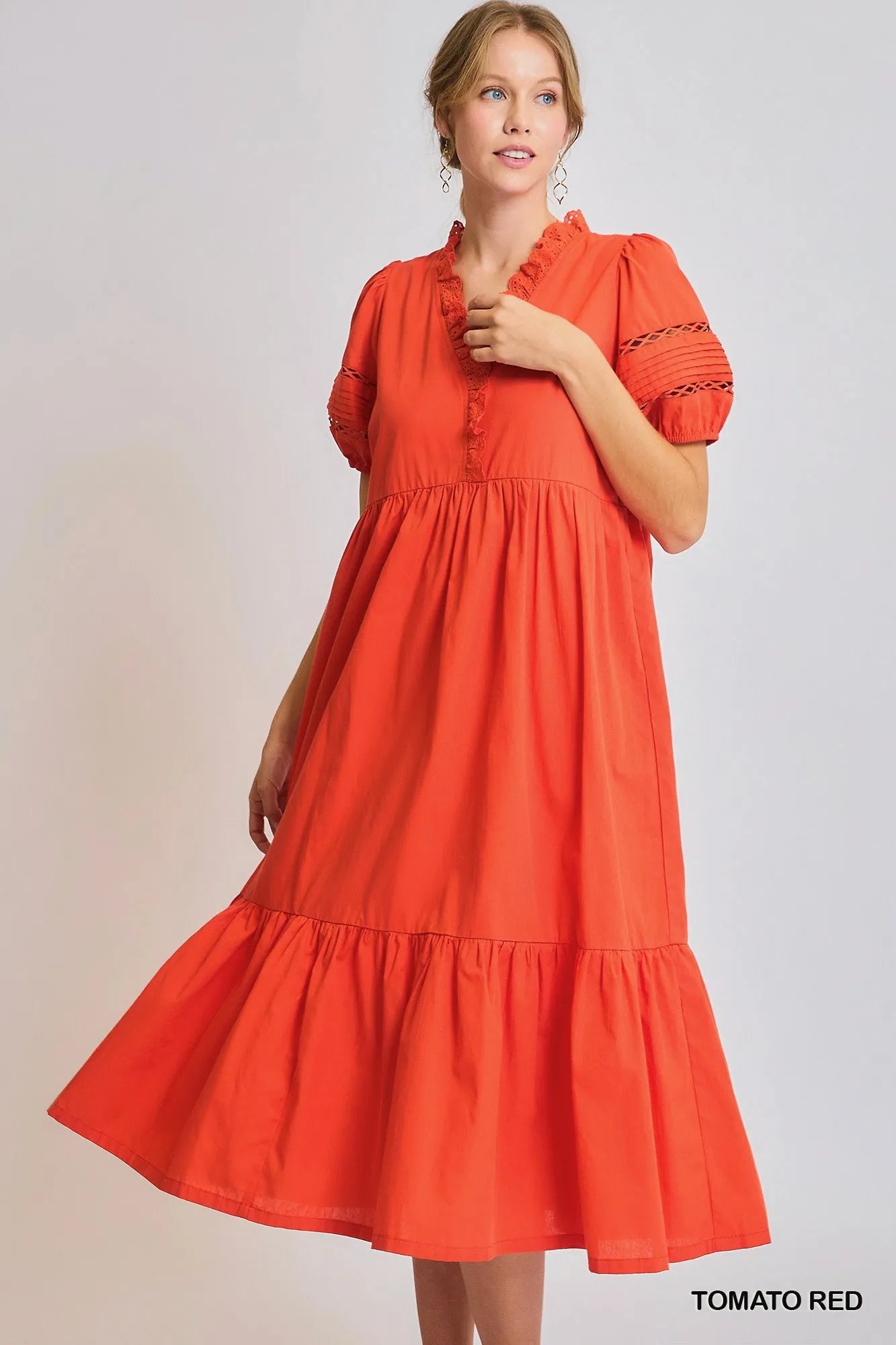 Short Sleeve Lace-Trim Ruffled Midi Dress