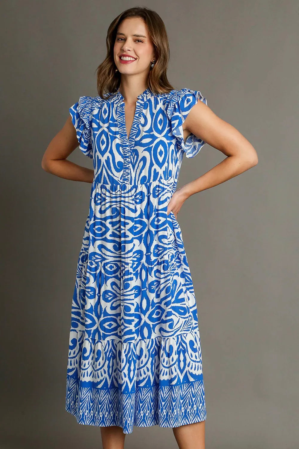 Two Tone Border Print Ruffle Cap Sleeve Midi Dress Plus Size