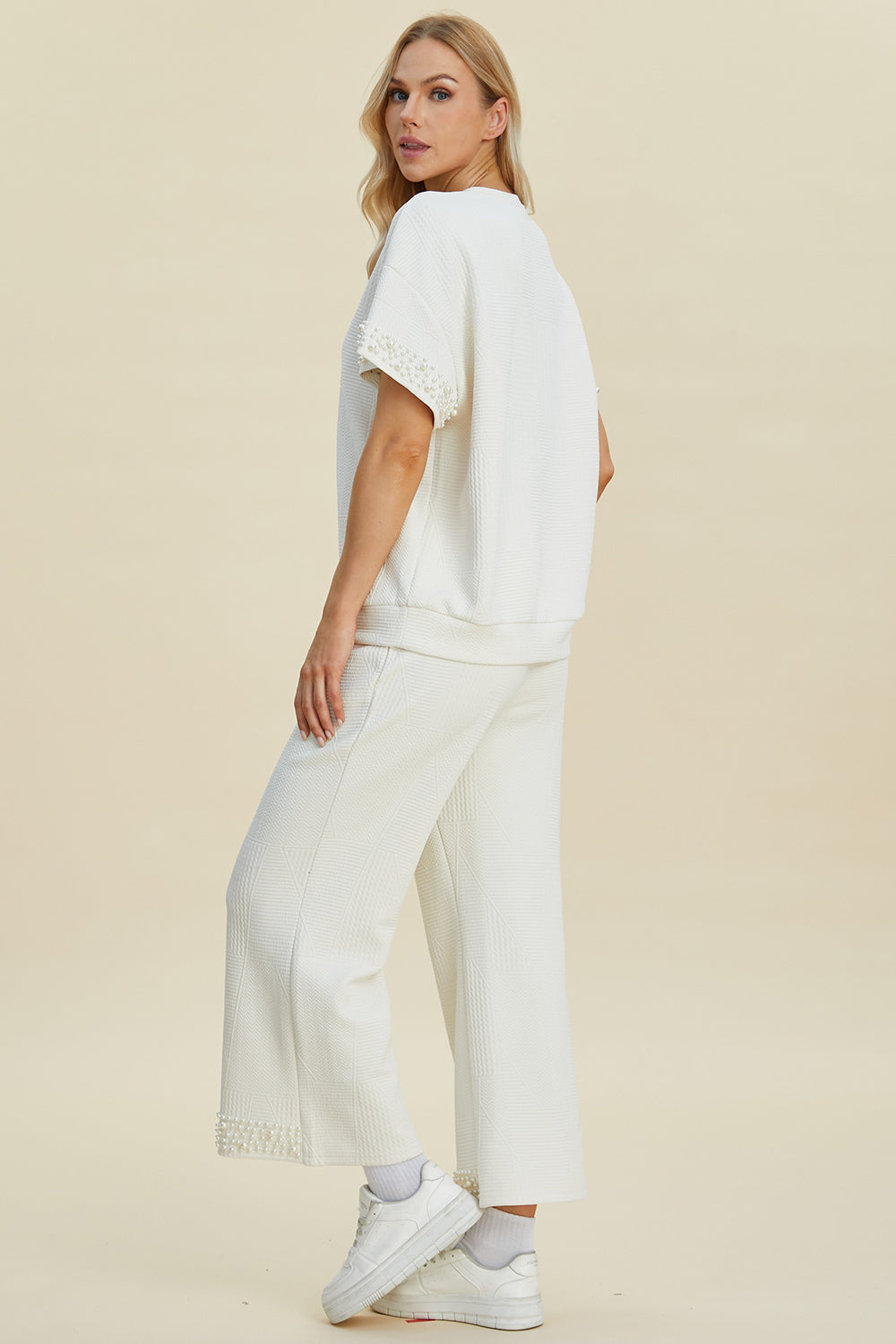 Full Size Pearl Detail Round Neck Top and Pants Set