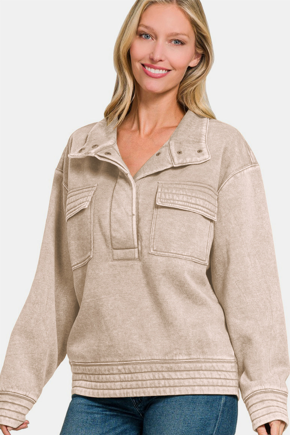 Zenana Acid Washed Half Snap Fleece Sweatshirt Ash Mocha / L