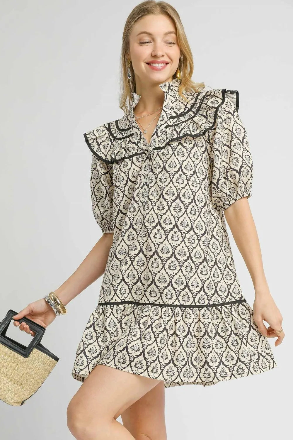 Ruffled Printed Puff Sleeve Mini Dress