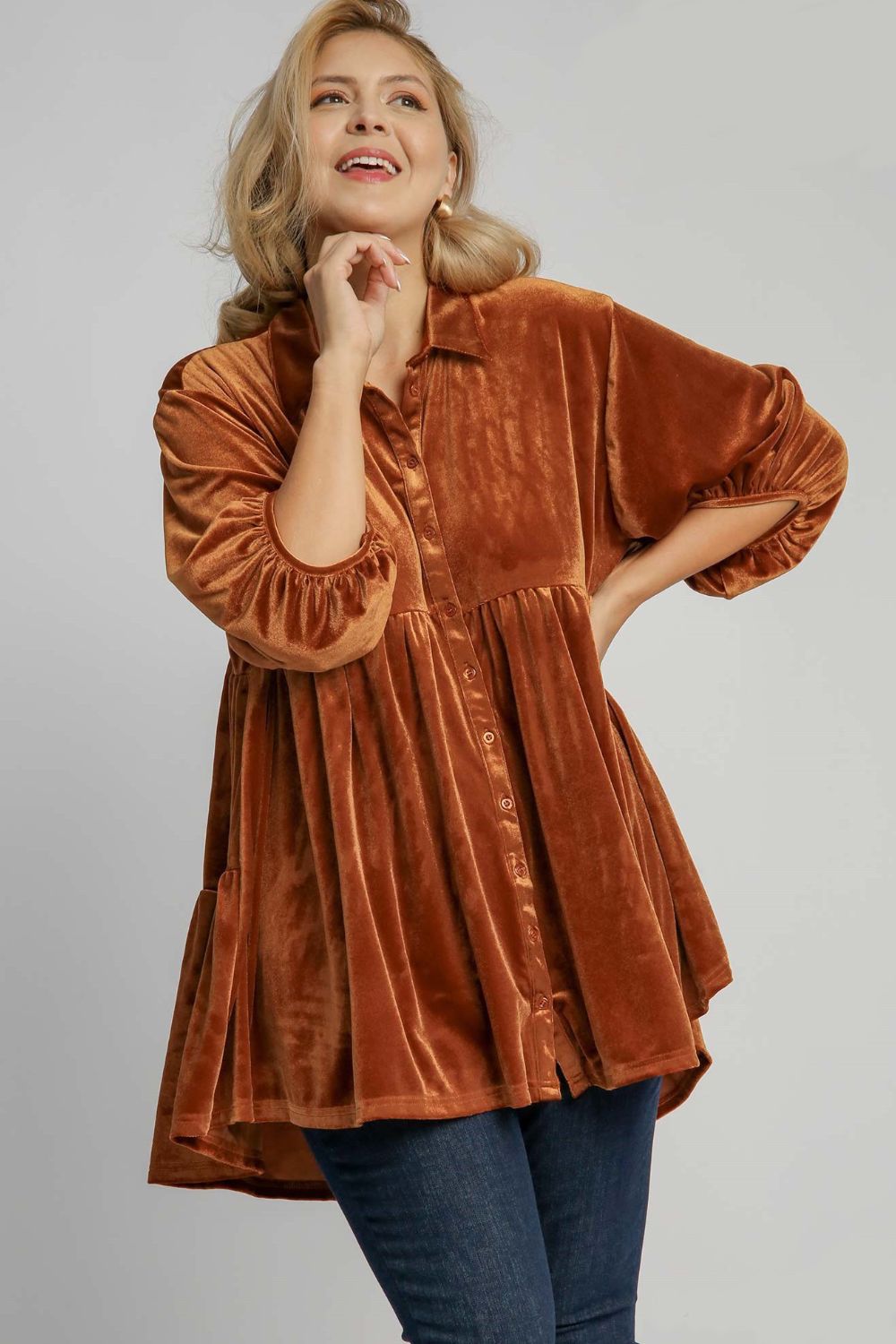 Button Down Tiered Back High Low Shirt