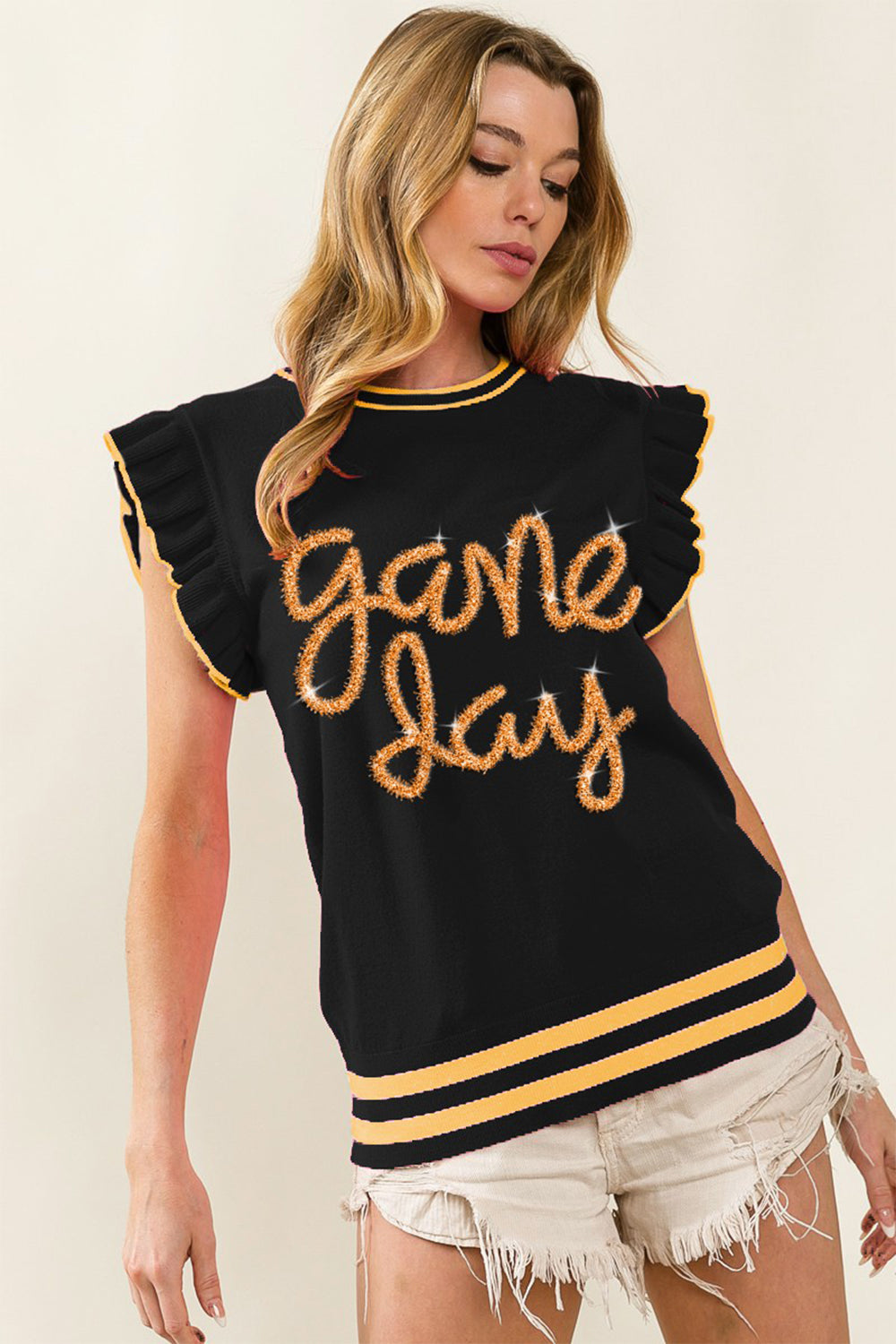 game day letter contrast trim ruffled sleeveless sweater