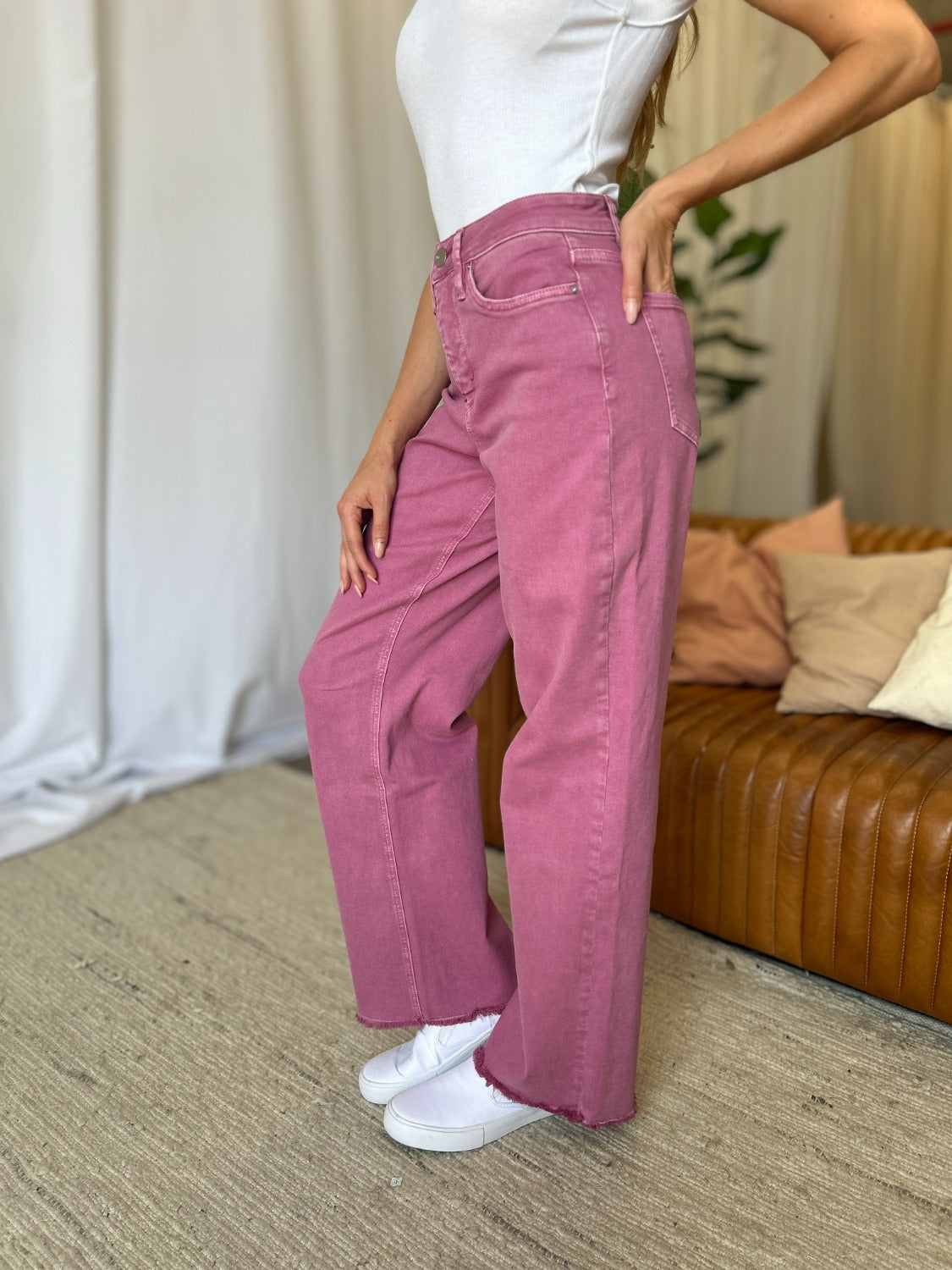 Full Size High Rise Garment Dye Wide Leg Jeans
