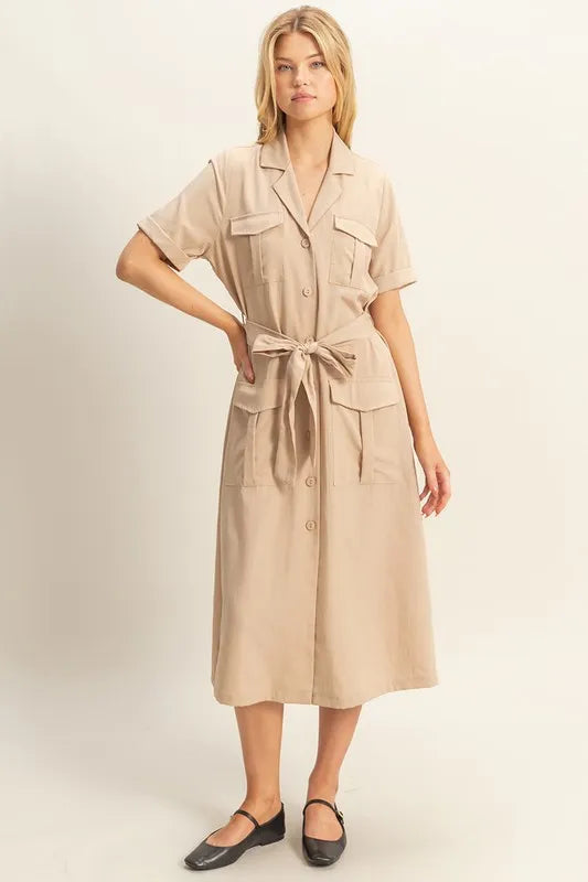 Button Front Belted Safari Midi Dress
