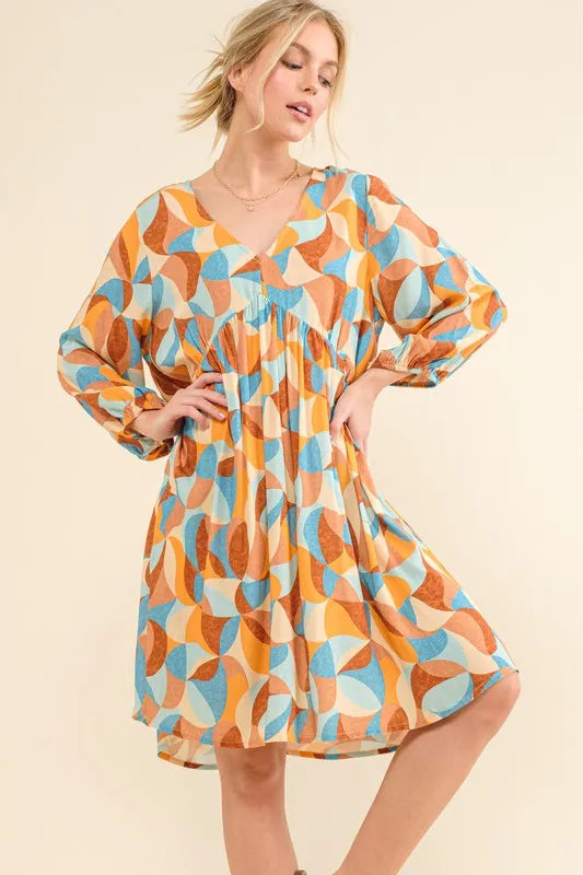 Printed Open Back Puff Sleeve Casual Dress