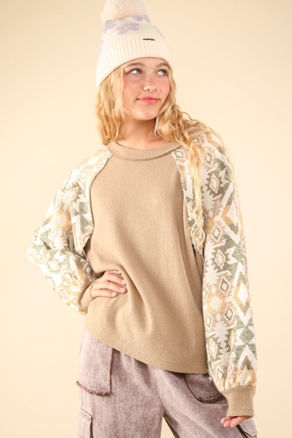 Printed Long Sleeve Round Neck Knit Top,.,