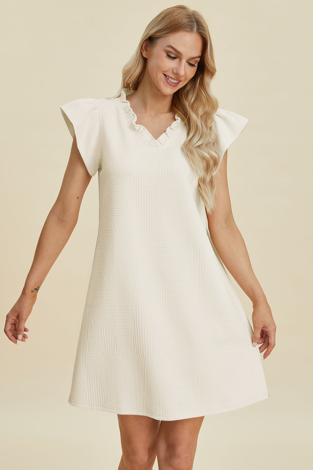 Full Size Ruffled V-Neck Cap Sleeve Dress
