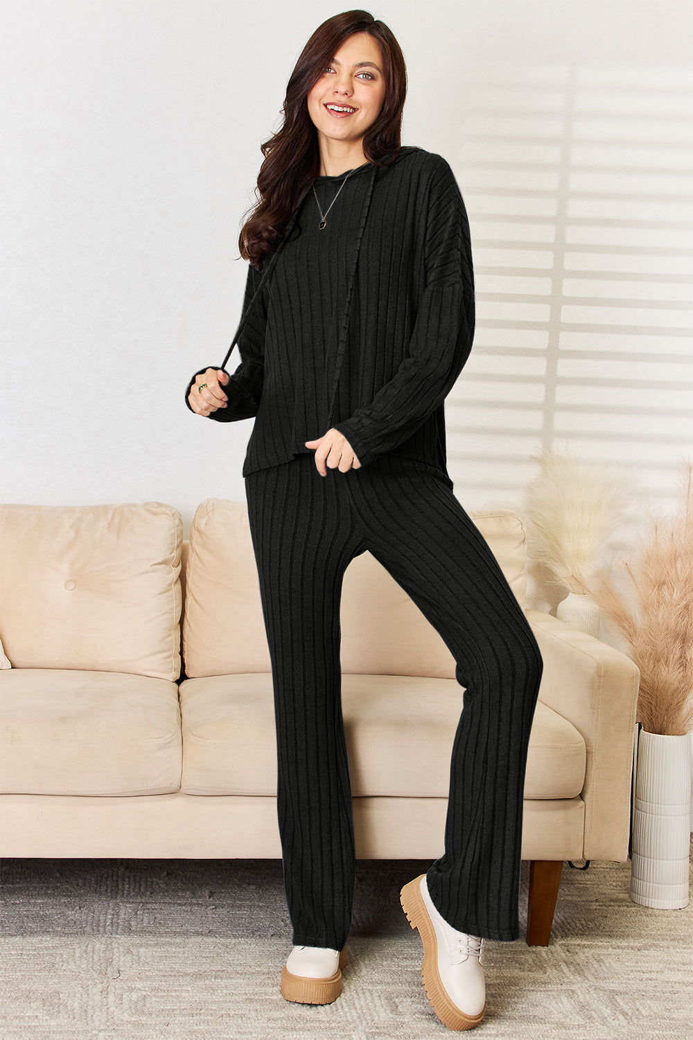Full Size Ribbed Drawstring Hooded Top and Straight Pants Set