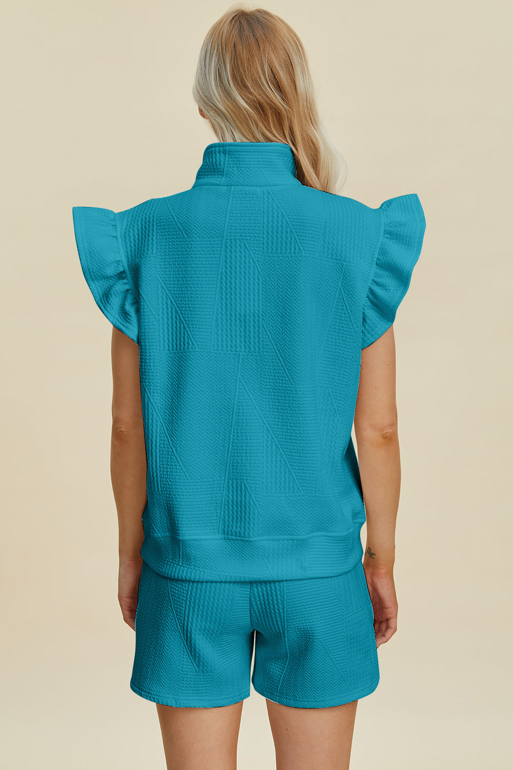 Full Size Texture Flounce Sleeve Top and Shorts Set