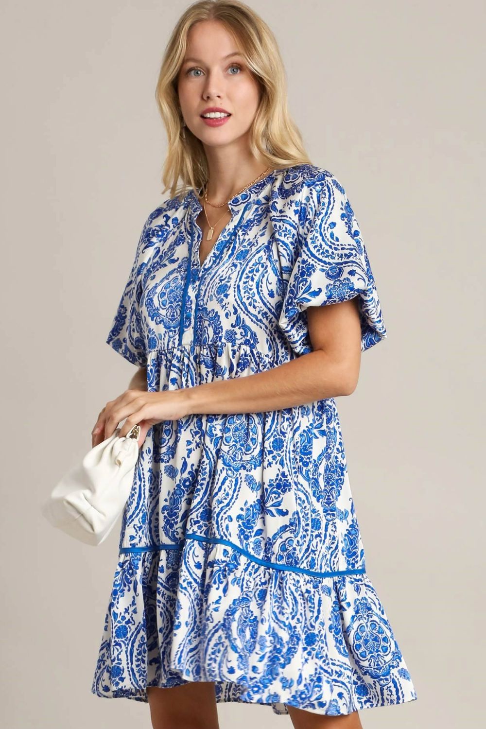 Printed Notched Puff Sleeve Mini Dress Plus Size