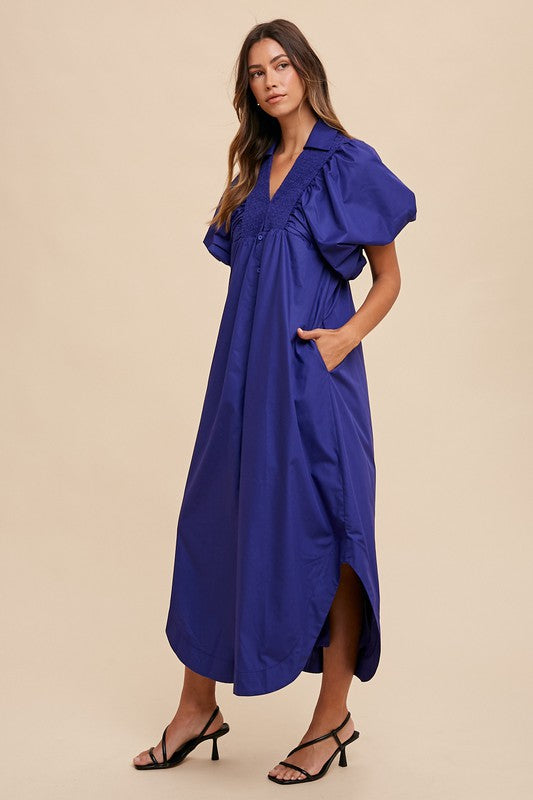 Smocked Puff Sleeve Midi Dress