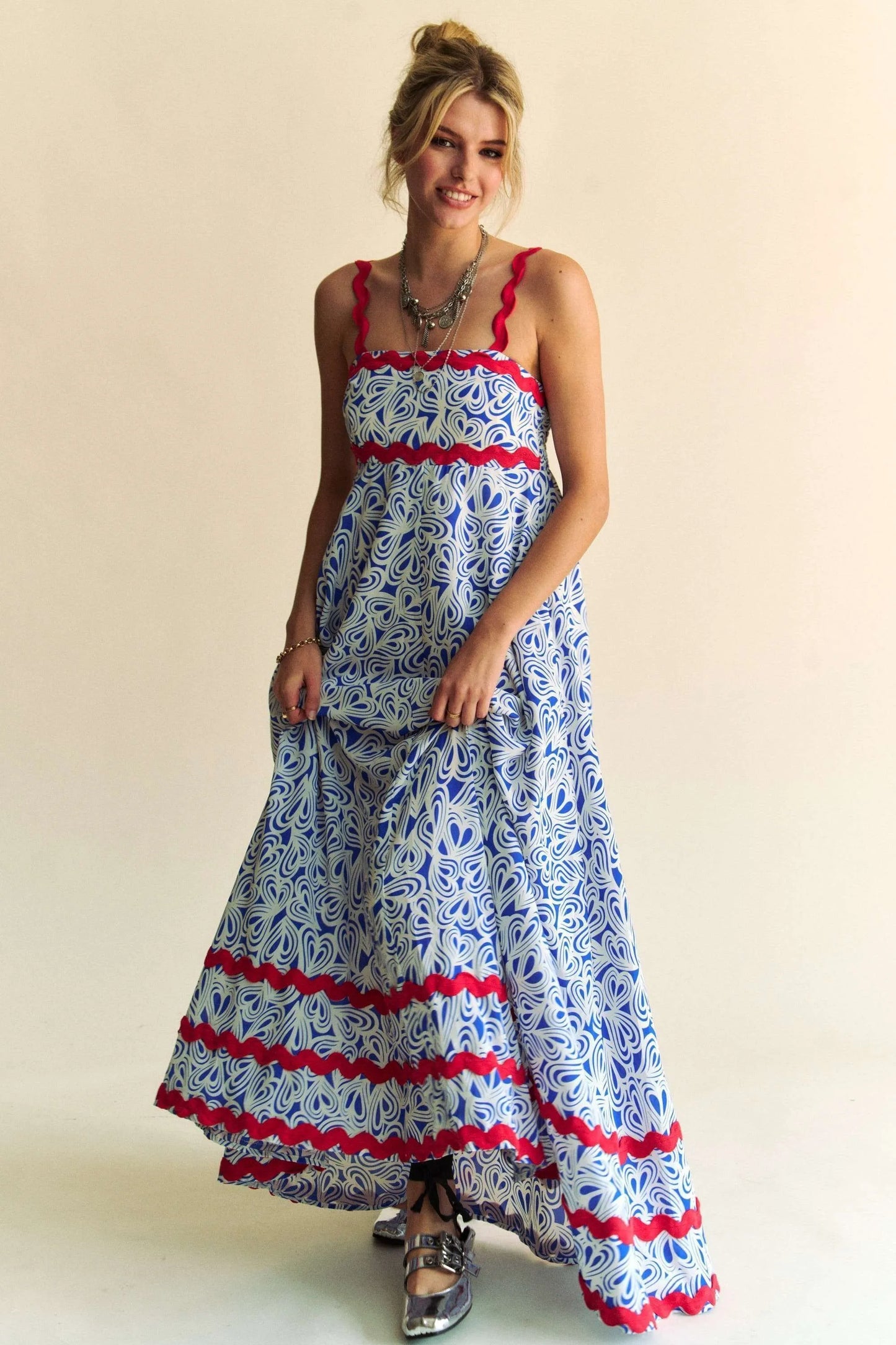 Geo Two Tone Printed Wavi Trim Tiered Maxi Dress