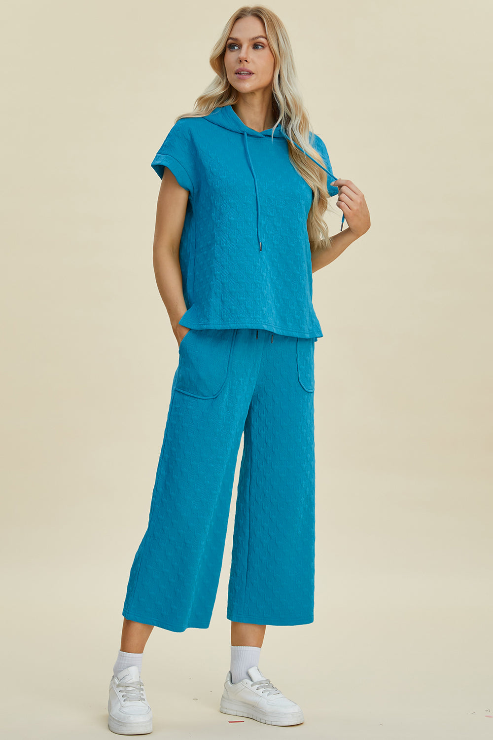 Full Size Texture Drawstring Short Sleeve Hoodie and Pocketed Pants Set